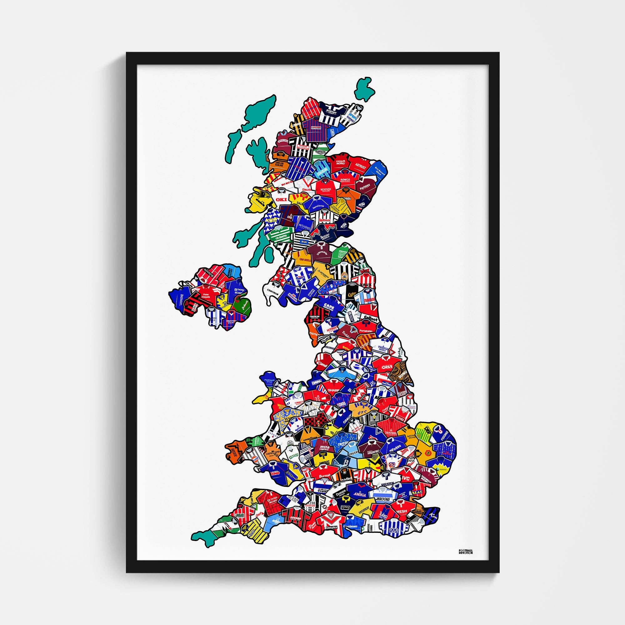 90s UK Football Shirts Map Print - A3