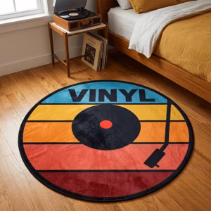 Vinyl Record Rug - Retro Music with Backing, Machine Washable Round Vinyl