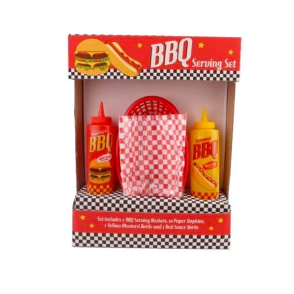 BBQ serving set with baskets and ketchup and mustard sauce bottles