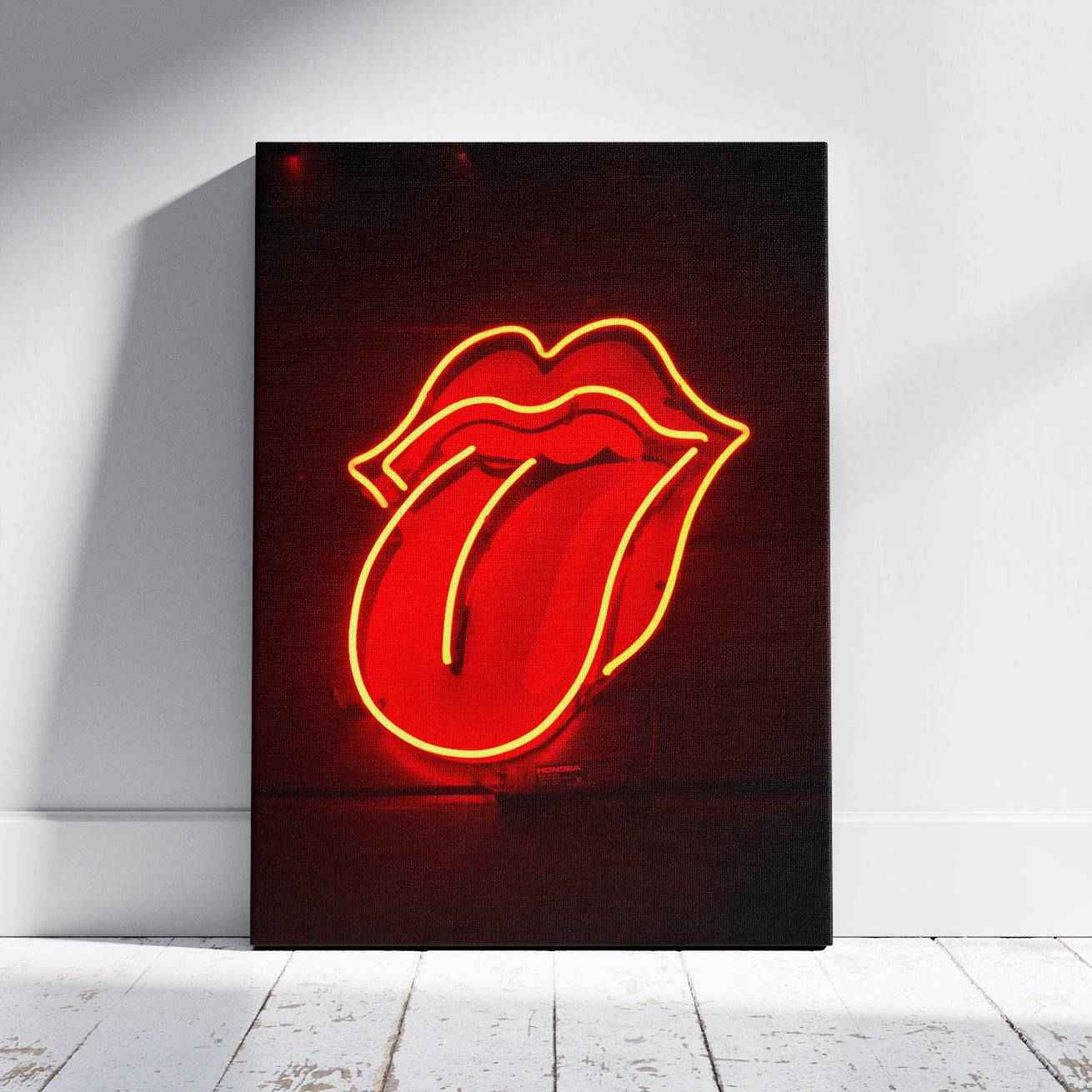 Red Tongue Neon Glow - Framed Canvas Wall Art Print