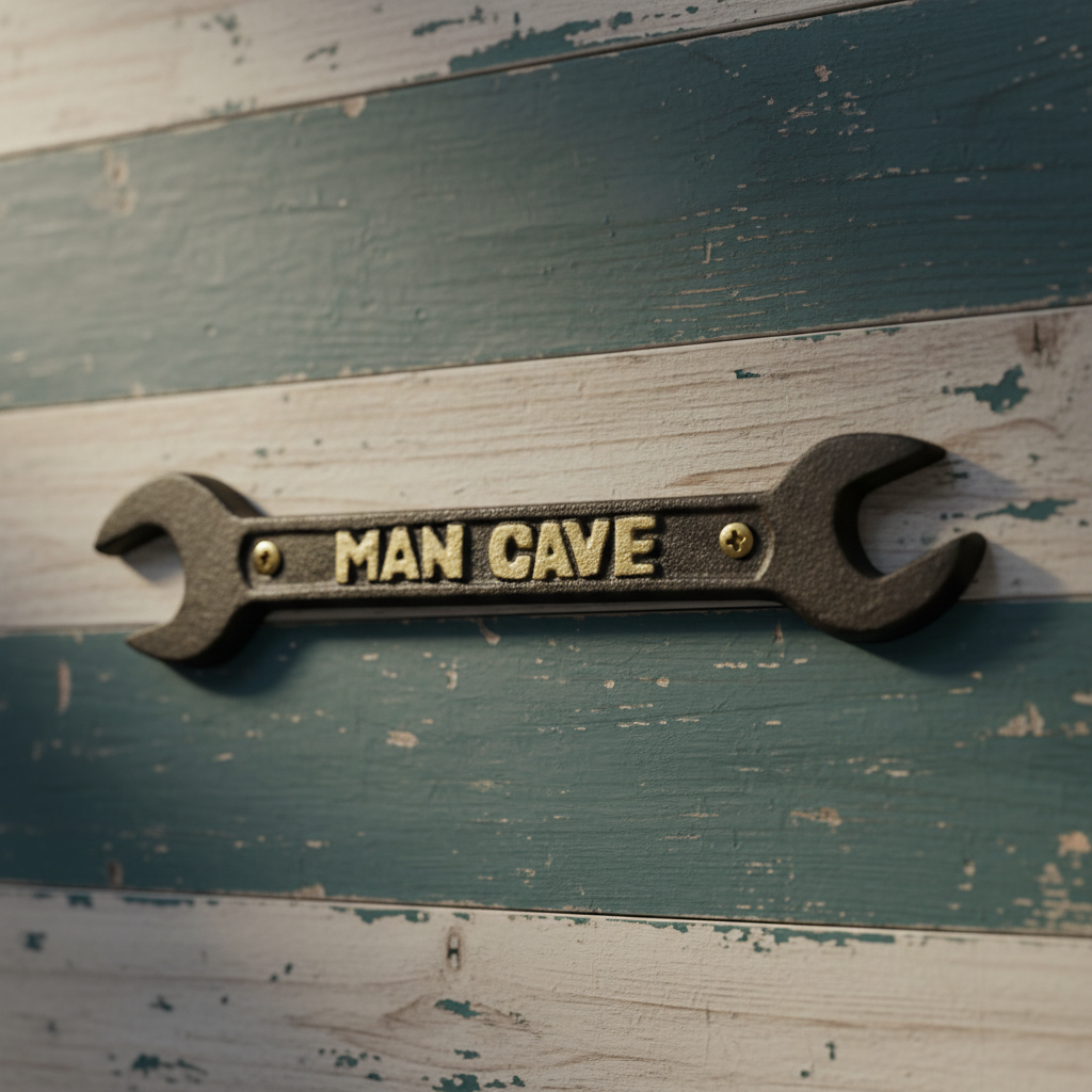 Spanner Wrench Man Cave Plaque, Cast Iron Industrial Garage Decor, 11.5