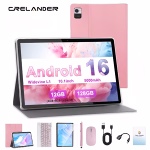 Android 16 Tablet 10.1inch 2in 1, 12GB (4GB+8GB Expand) RAM 128GB ROM, 5000mAh Battery, 1280*800 IPS Screen, Support Widevine L1, Google, Gemini AI, GMS, with Pink Case, Pen, Mouse, Keyboard, Tablet PC, Pad