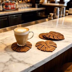 6pcs Monstera Natural Wood Coaster Set,