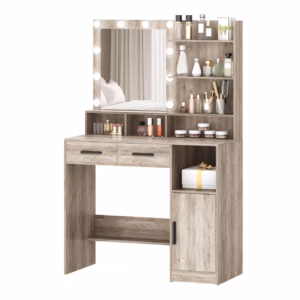 Dressing Table With Mirror And 10 LED Lights, Adjustable Brightness, Dressing Table With 2 Drawers & 1 Cabinet, 3 Shelves & 4 Open Compartments, White