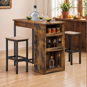 Compact Apartment Bar Table Set 2 Stools 3-Tier Shelf