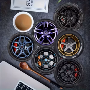 6pcs Wheel Hub Themed Pattern Design Coasters, Heat-Resistant Wooden Coaster Set